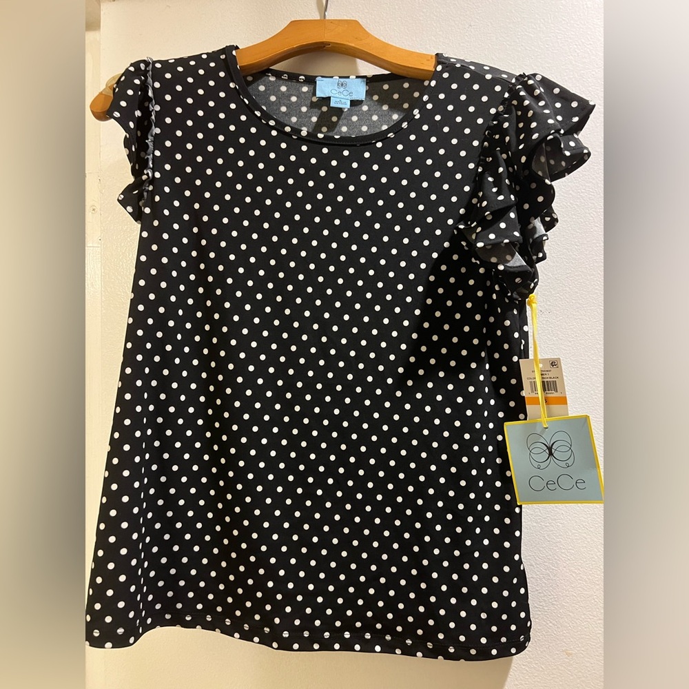 CeCe Black and White Polka Dot Ruffle Top